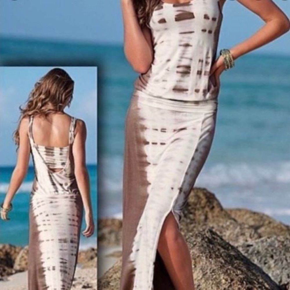 VENUS Cream and Brown Tie-Dye Maxi Dress
